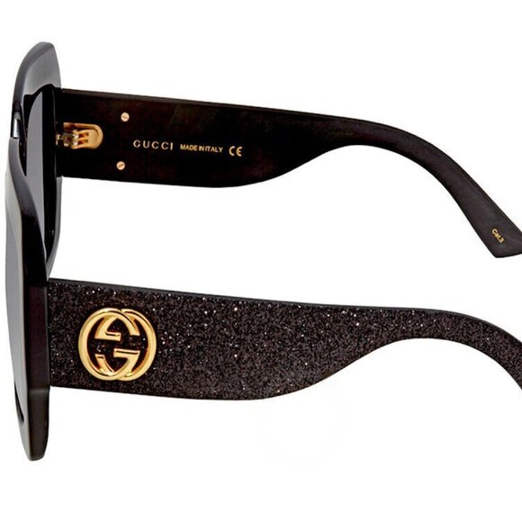 GUCCI Oversize Square Shiny Black Frame W/Black Glitter Arms Sunglasses $505 - Picture 3 of 10